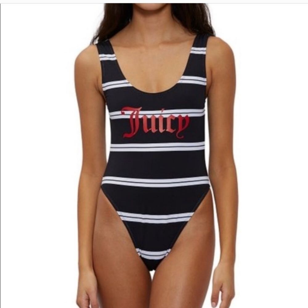 Juicy Couture One Piece Swimsuit Black White Striped Medium NWOT Retro
